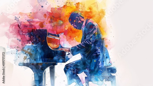 Watercolor painting of a jazz pianist with elegant lines and harmonious colors, isolated on a white background