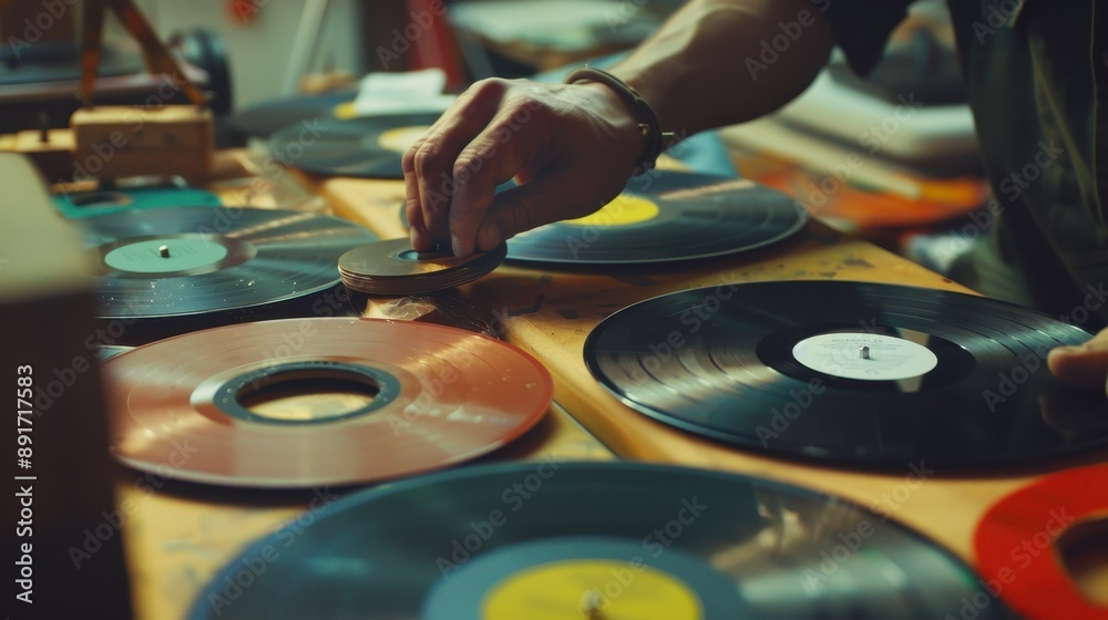 Obraz premium Crafting Stylish Wall Clocks: Close-up of Person Turning Old Records into Timepieces