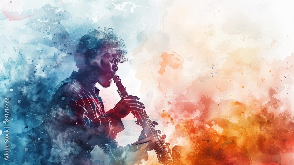 Fototapeta premium Isolated watercolor image of a clarinetist with intricate details and a soothing color palette on a white background