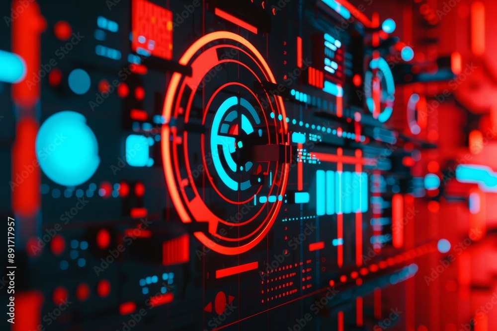 Fototapeta premium Futuristic digital interface with red and blue holographic elements, resembling a high-tech control panel or data visualization screen