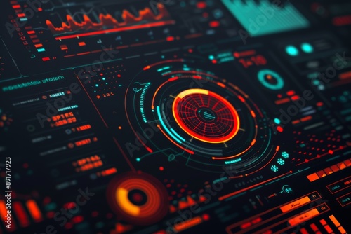 Futuristic digital interface with charts, graphs, and circular HUD elements in vibrant red and blue hues, reminiscent of gaming or high-tech system screens © Xyeppup