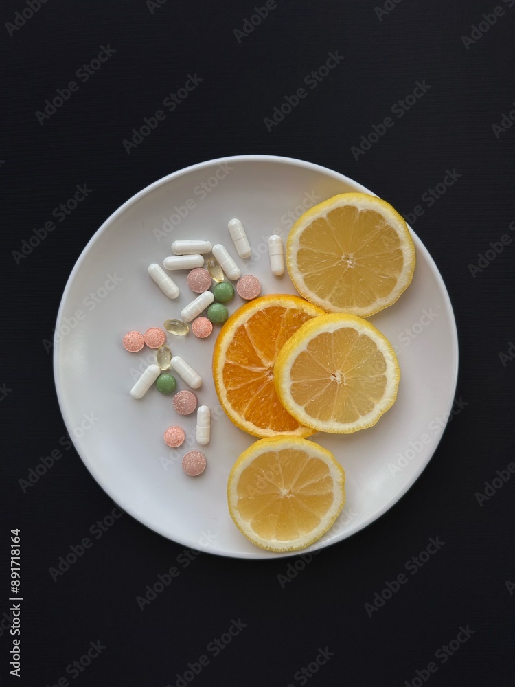 white plate of fresh fruits and pills on the black background white plate of fresh fruits and pills on the black background