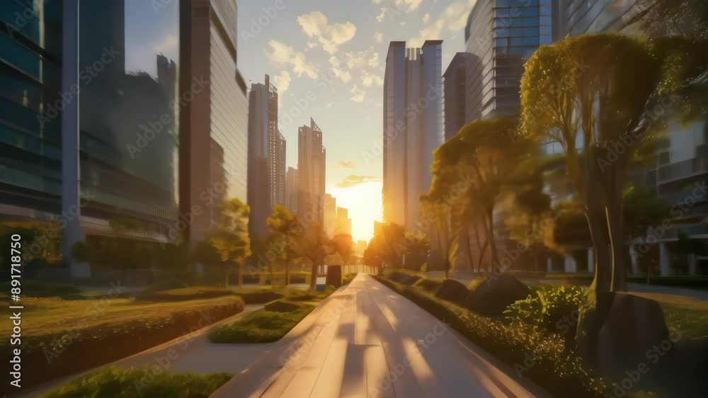 Sunrise over a modern city street lined with green parks and tall ...