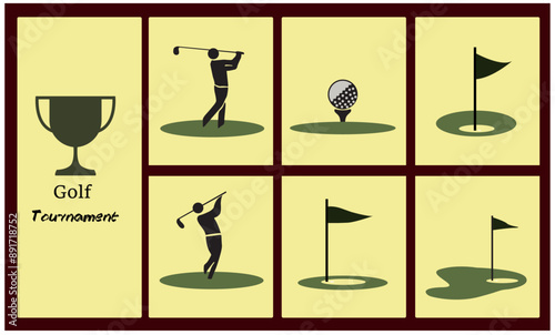 golf equipment, players in golf grounds, people playing silhouettes on isolated backgrounds, A set of golfer sports people playing golf in various poses, horizontal, copy space,