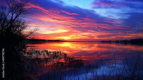 Lakeside sunset with vibrant reflections 