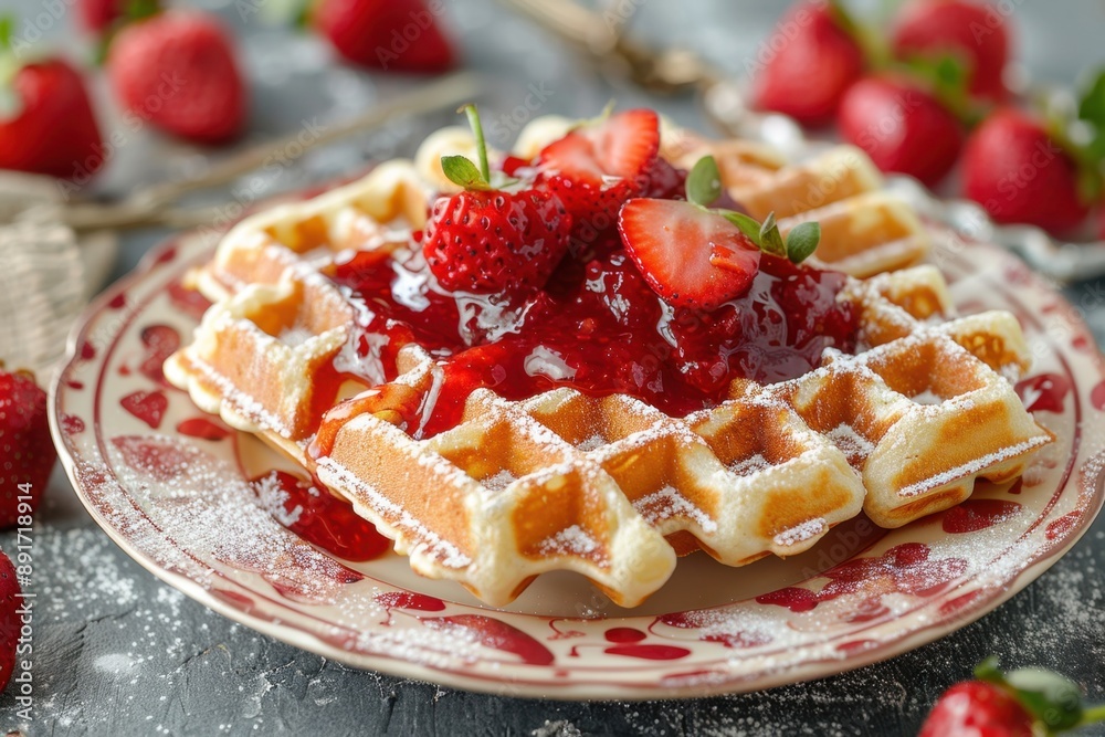 Delicious waffles topped with strawberry jam on a retro plate with a strawberry print, a perfect summer treat.
Delicious waffles topped with strawberry jam on a retro plate with a strawberry print, a perfect summer treat.