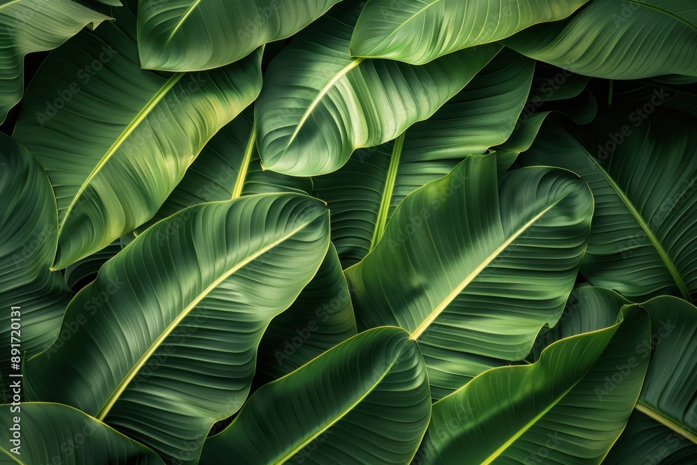 Obraz premium Close-up of lush green banana leaves with intricate textures, filling the entire frame.