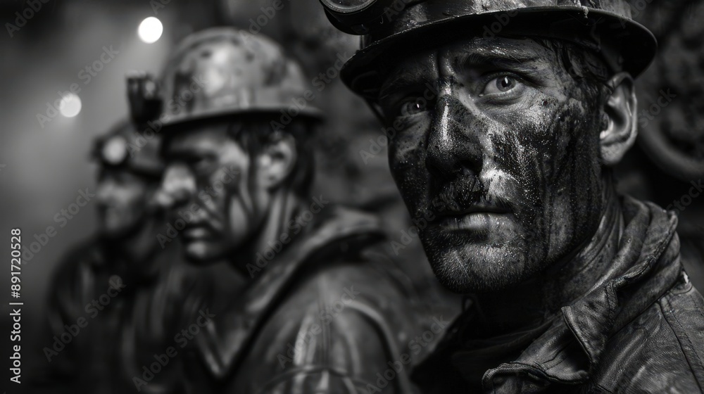 Naklejka premium Coal miners, their faces and clothing covered in black soot, emerge from a dark mine shaft