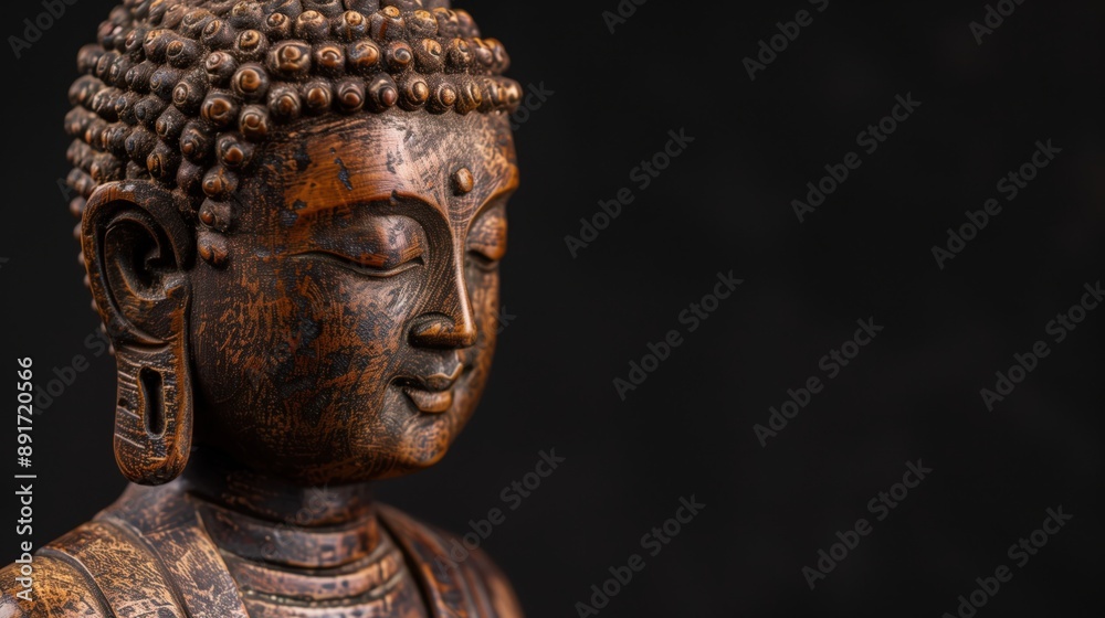 custom made wallpaper toronto digitalAn antique Buddha statue presented in a detailed close-up against a deep and dark background.