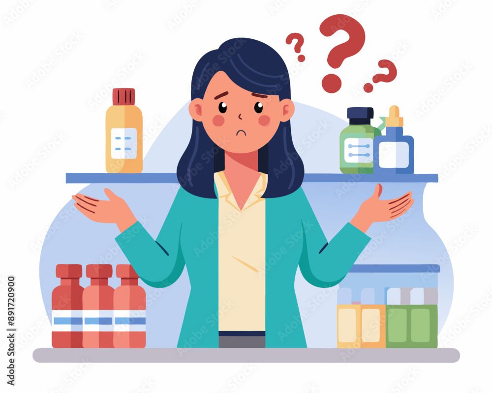 Difficult choice in pharmacy concept. Young frustrated woman cartoon character standing trying to choose right medicine in pharmacy shop vector illustration. Difficult choice in pharmacy concept. Young frustrated woman cartoon character standing trying to choose right medicine in pharmacy shop vector illustration.