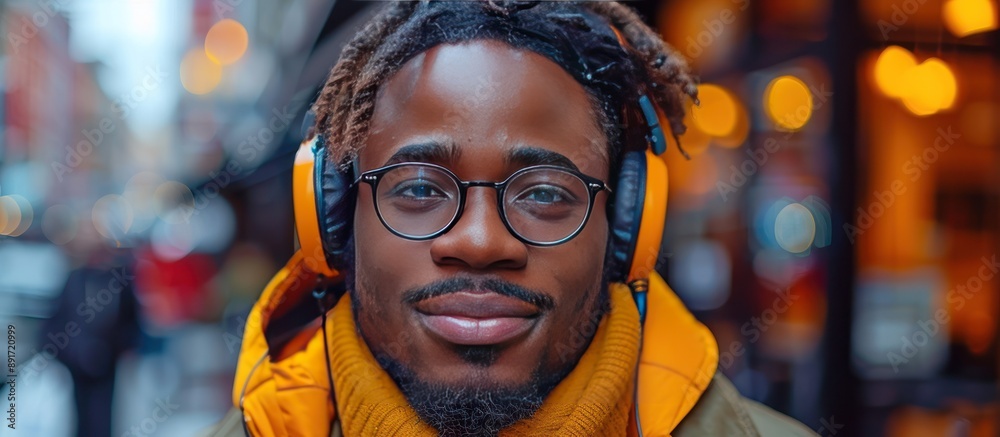 Young Man With Headphones and Glasses Smiles Young Man With Headphones and Glasses Smiles