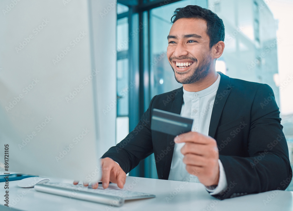 Business, man and credit card with computer in office for online shopping, ecommerce or happy with payment. Professional, trader or employee with cryptocurrency investment, fintech or banking at desk Business, man and credit card with computer in office for online shopping, ecommerce or happy with payment. Professional, trader or employee with cryptocurrency investment, fintech or banking at desk