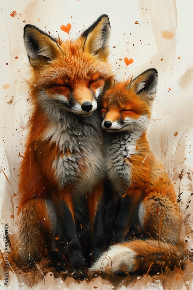 Fototapeta premium An enchanting digital illustration of a parent and child fox cuddling with love in an autumn setting, expressing tenderness.