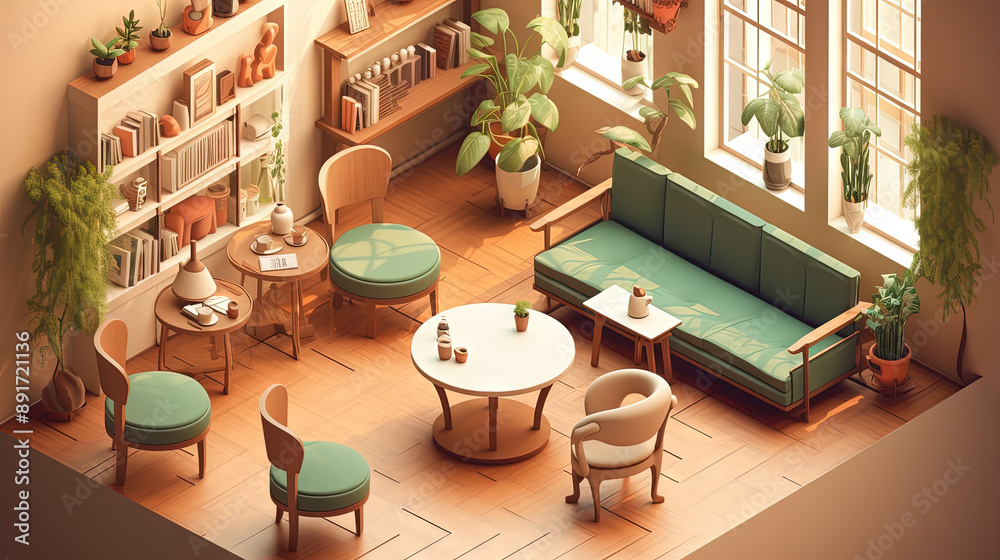 Fototapeta premium Vibrant lounge room with modern furniture, bookshelves and greenery. Isometric living room interior.