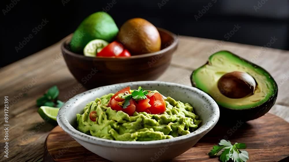 Bowl of Guacamole with Fresh Ingredients on a Wooden Table