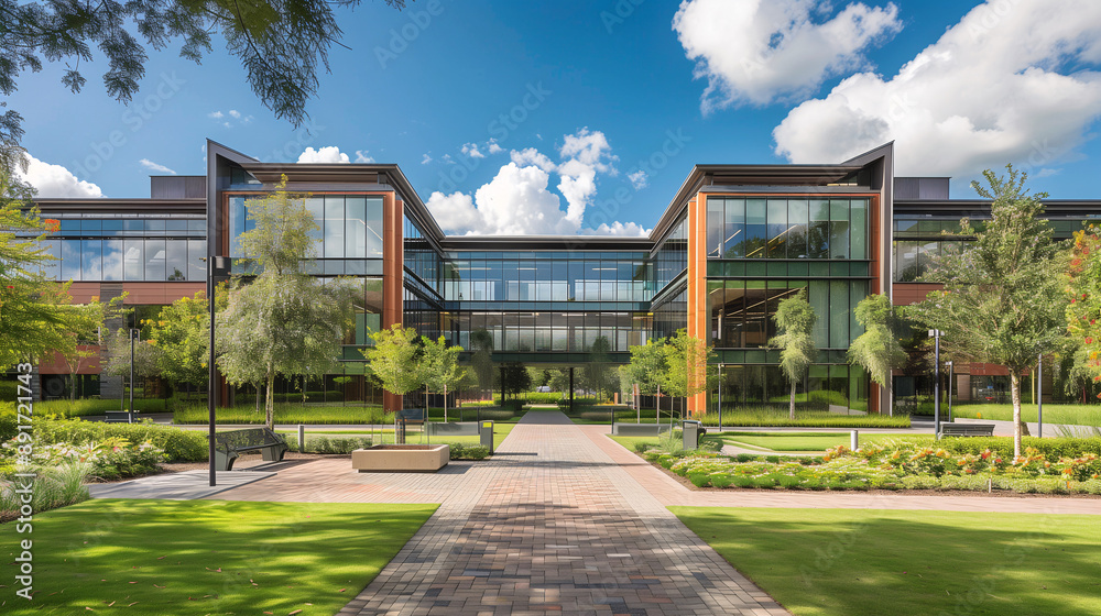 Modern Office Building with Green Landscape Modern Office Building with Green Landscape
