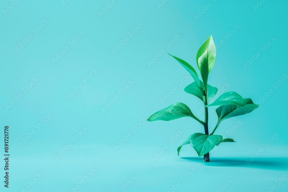 Obraz premium Simple and elegant single green leaf on a tranquil turquoise background, emphasizing minimalism.