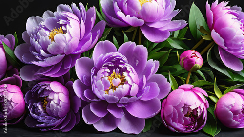 Beautiful peonies on a black background.