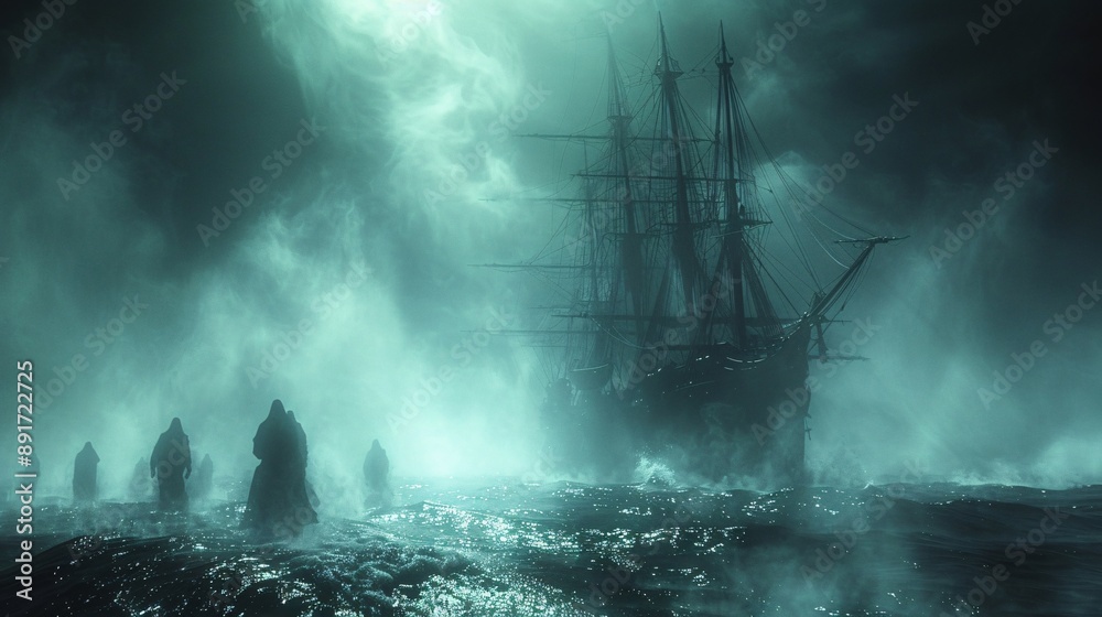 Fototapeta premium Spooky haunted ship with ghostly figures