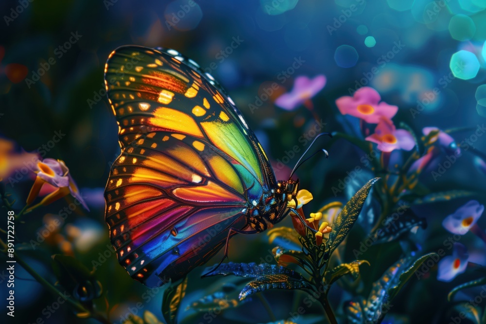 Stunning image of a colorful butterfly sipping nectar from flowers, shining brightly with multiple hues. Stunning image of a colorful butterfly sipping nectar from flowers, shining brightly with multiple hues.