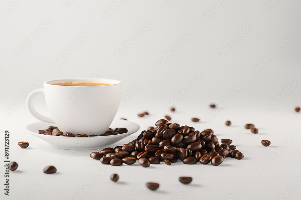 A white coffee cup with coffee beans scattered around. A white coffee cup with coffee beans scattered around.