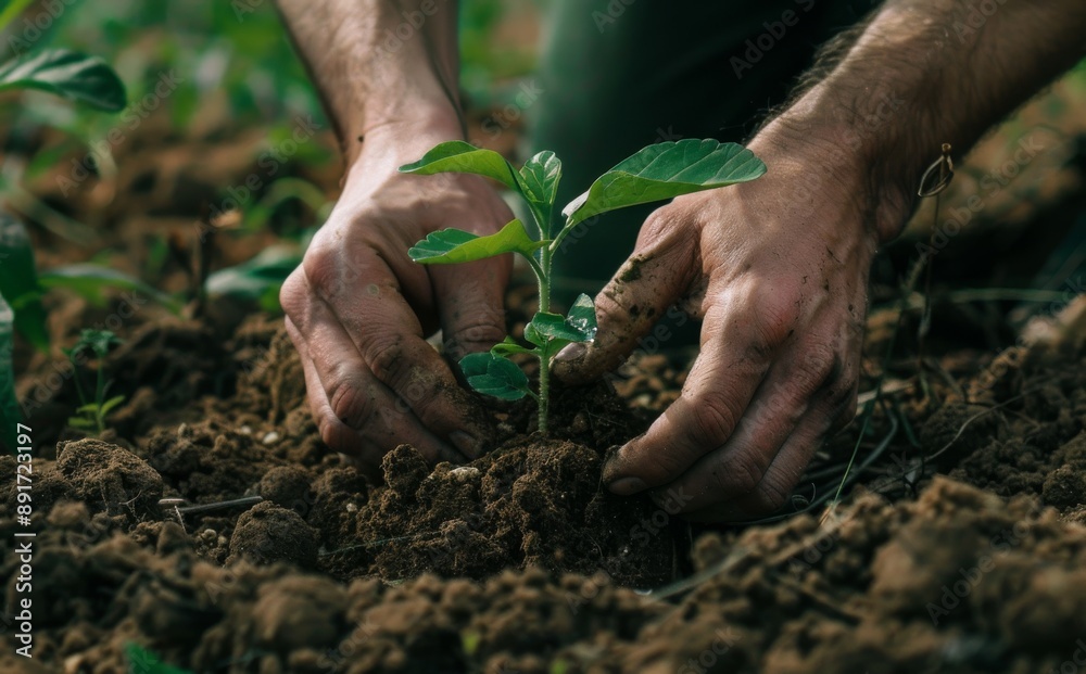 Hands planting a young tree in soil with a green background for Environment Day concept Hands planting a young tree in soil with a green background for Environment Day concept