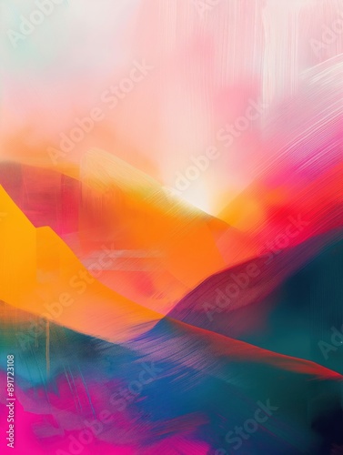 A vibrant abstract painting with flowing colors blending together, forming a dynamic and energetic visual landscape. photo