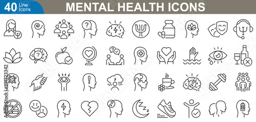 Mental health icons set simple and modern vector illustration. therapy, mindfulness, bipolar, anxiety, mental wellness, self care and more.