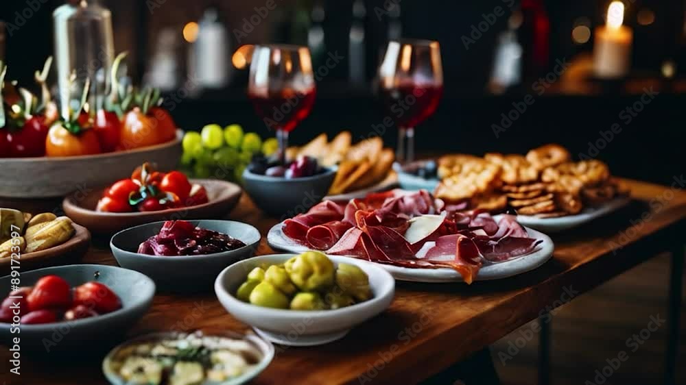 Spreads of Appetizers with Wine on a Wooden Table for a Dinner Party Spreads of Appetizers with Wine on a Wooden Table for a Dinner Party