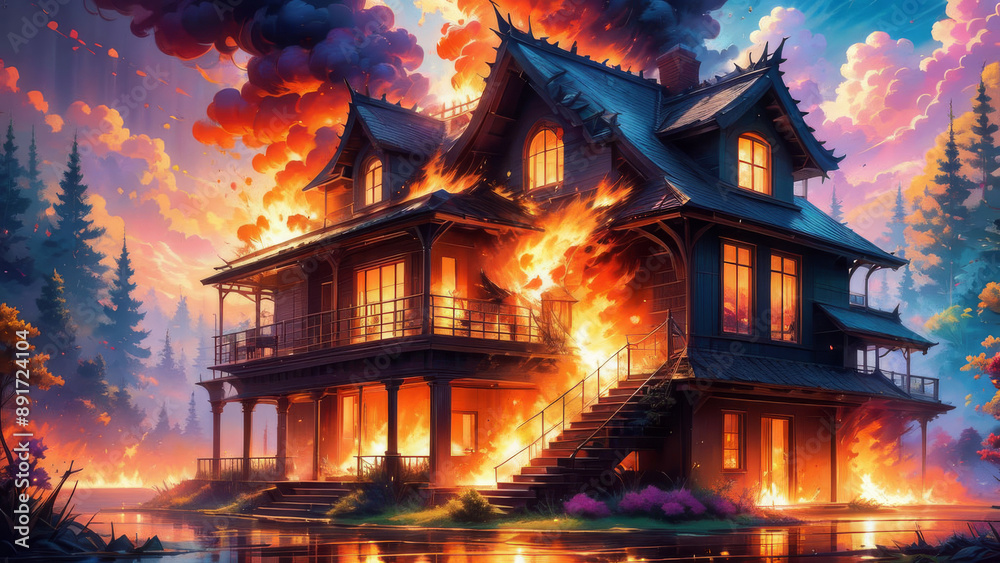 Obraz premium A burning house. Watch out for the fire. 