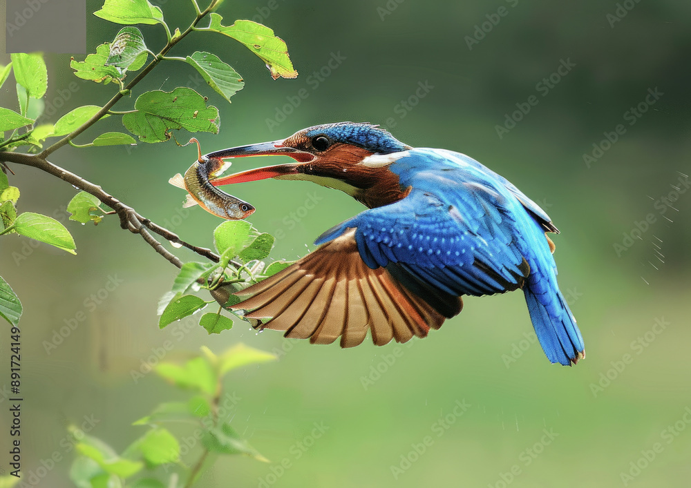 Obraz premium Kingfisher with a Catch in Mid-Air