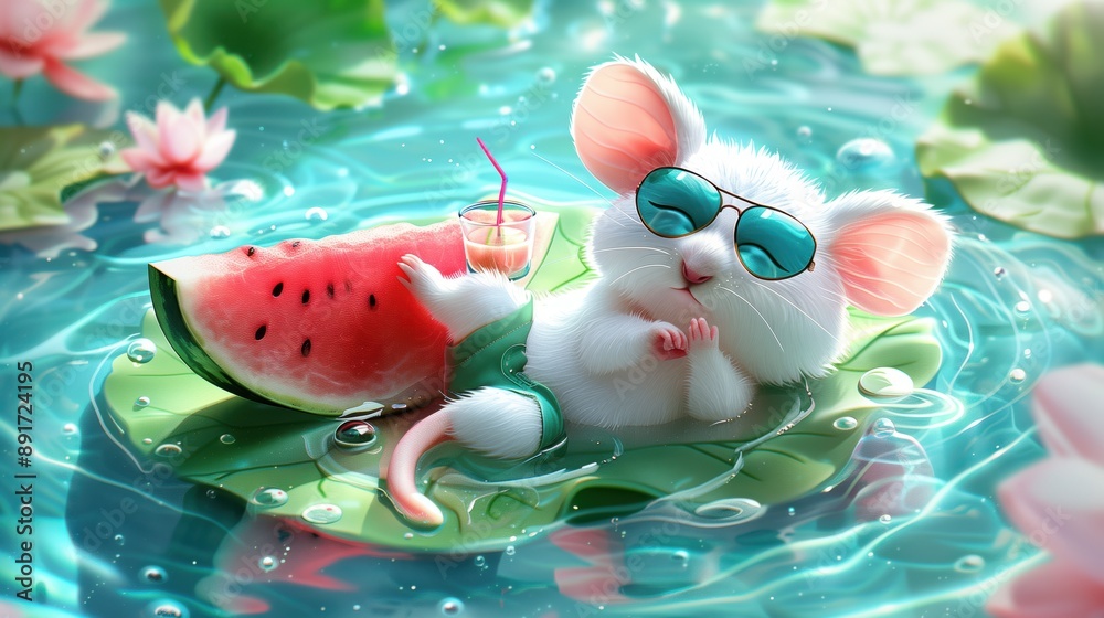 Cute white mouse wearing sunglasses, lounging on a lily pad with a slice of watermelon and drink in water. Cute white mouse wearing sunglasses, lounging on a lily pad with a slice of watermelon and drink in water.