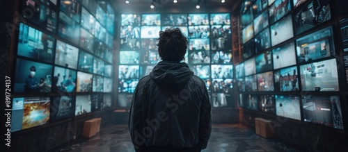 Man Standing Before a Wall of Screens Displaying Images