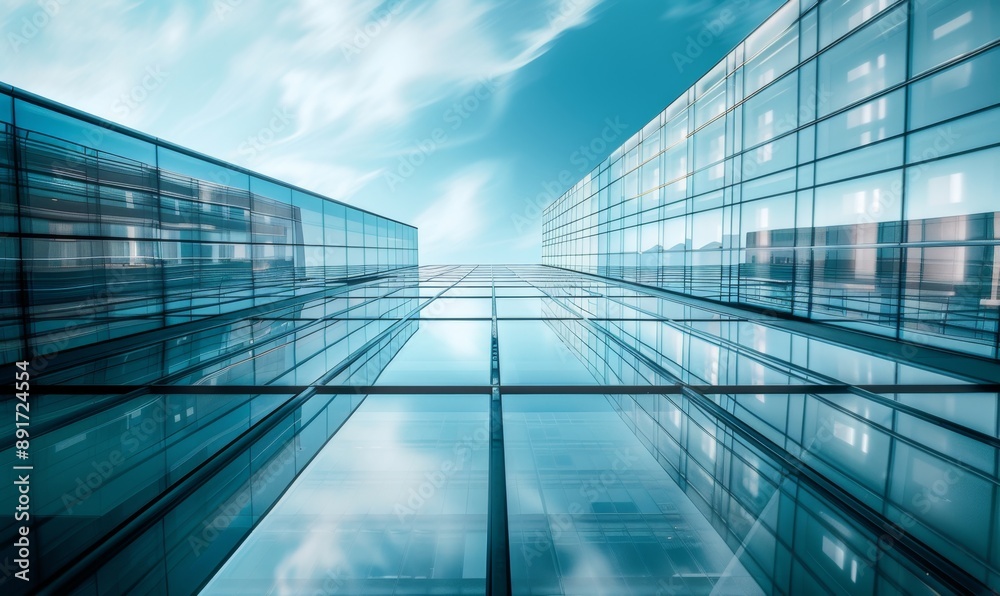 Abstract Modern Corporate Skyline: Sleek Glass-Walled Office Buildings Reflecting Blue Sky. Contemporary Urban Architecture Symbolizing Economic Growth, Financial Prosperity, and Business Innovation i