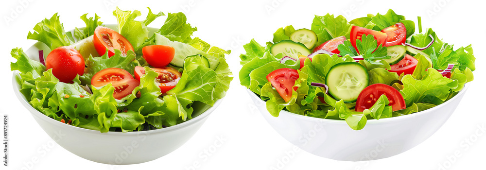 2 styles of salad volume 1. Serving in a bowl with tomatoes and cucumbers. Set of isolated food on transparent background. 2 styles of salad volume 1. Serving in a bowl with tomatoes and cucumbers. Set of isolated food on transparent background.