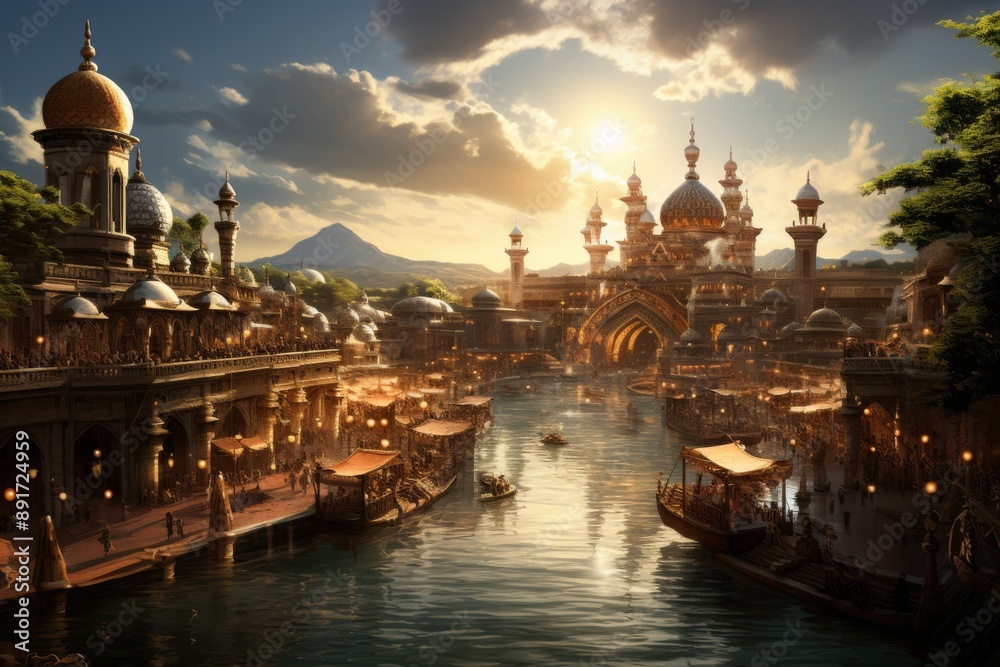 Fototapeta premium Sunset Over a Golden City with Canals