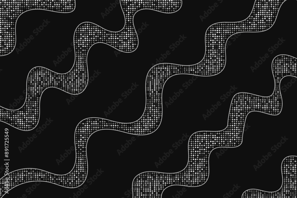 Fototapeta premium Silver and black background. Black wavy stripes with silver lines and glitter silver dots. Dark dots and waves texture.