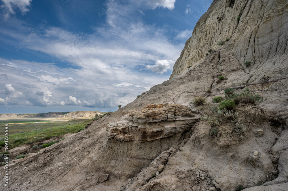 Clay cliffs of Castle Butte in the badlands of Bid Muddy Valley near the hamlet of Big Beaver, Saskatchewan, Canada Clay cliffs of Castle Butte in the badlands of Bid Muddy Valley near the hamlet of Big Beaver, Saskatchewan, Canada