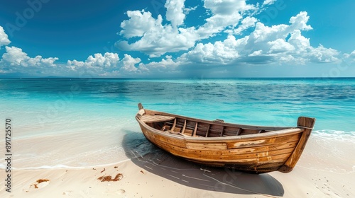 A wooden boat rests on a pristine sandy beach with clear turquoise waters and a bright blue sky, evoking a sense of tranquility and escape