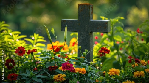 Memorial cross amidst vibrant flowers in a cemetery, highlighted by green foliage. Tranquil and respectful