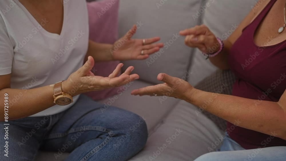 Two women engaged in an animated conversation, sitting closely on a comfortable sofa in a cozy living room setting, showcasing expressive hand gestures and warm interaction. Two women engaged in an animated conversation, sitting closely on a comfortable sofa in a cozy living room setting, showcasing expressive hand gestures and warm interaction.