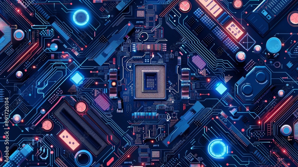 Digital vector illustration of a computer motherboard featuring a chip, processor, and semiconductor on a technology-themed background with interconnected blue lines and electronic components. Digital vector illustration of a computer motherboard featuring a chip, processor, and semiconductor on a technology-themed background with interconnected blue lines and electronic components.
