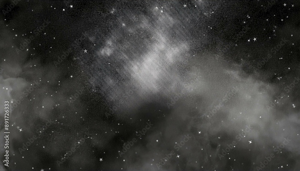 black and white grungy, blurry smoky sky with a silver star overlay..Dust Dirt Particles Salt Snow Powder Spray. Authentic Black Rough Grunge Distressed Overlay Texture Surface. particles in space black and white grungy, blurry smoky sky with a silver star overlay..Dust Dirt Particles Salt Snow Powder Spray. Authentic Black Rough Grunge Distressed Overlay Texture Surface. particles in space