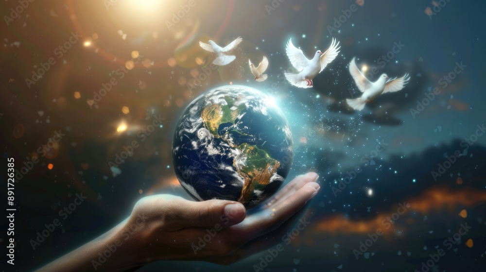 Concept of World Peace Day, hands holding a world with white doves flying out of the earth in futuristic glowing style, Generative AI Concept of World Peace Day, hands holding a world with white doves flying out of the earth in futuristic glowing style, Generative AI