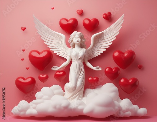 love composition made of white angel figure with red hearts and clouds on pink background minimal concept of valentine s day or love creative art minimal aesthetics
