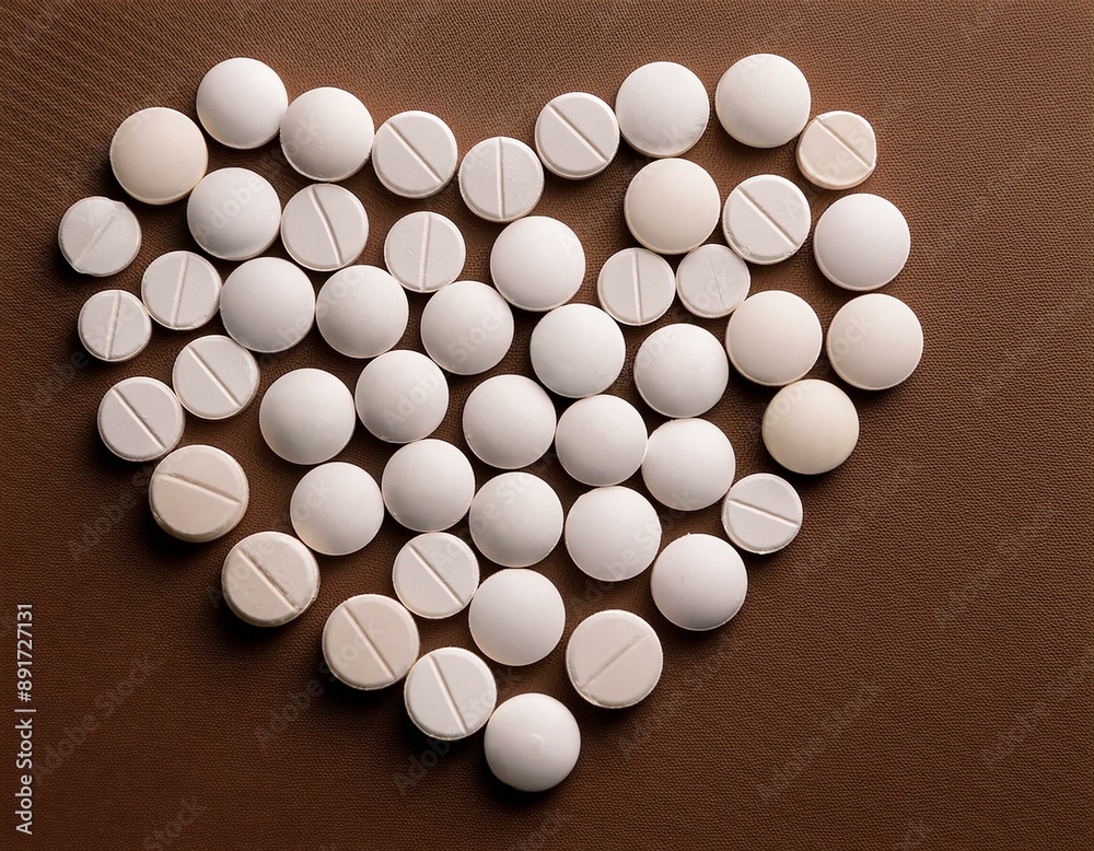 white pills in the shape of a heart on a brown background white pills in the shape of a heart on a brown background