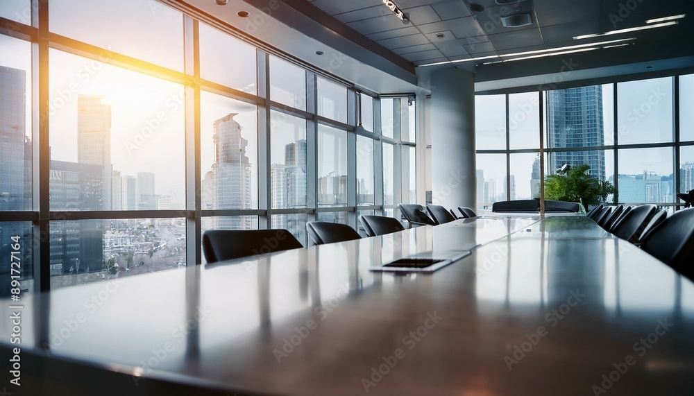 A blurred office conference room with large glass windows, blurred modern office meeting room interior A blurred office conference room with large glass windows, blurred modern office meeting room interior