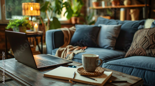 A cozy home office setup includes a laptop, documents, coffee, a notebook, and decor, ideal for working from home in the living room. © Mahemud