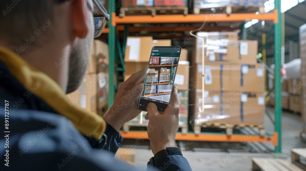 Fototapeta premium Man Using Smartphone for Inventory Management in Warehouse