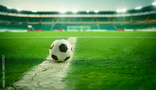 A black and white leather soccer ball on the green grass of a sports stadium field,blurred background of football stadium. photo